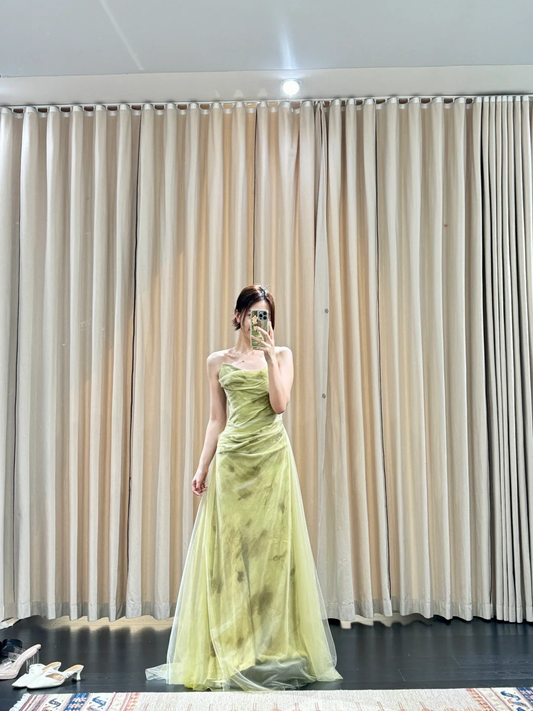 Unique A Line Strapless Satin Tulle Long Prom Dress, Evening Dress C8114