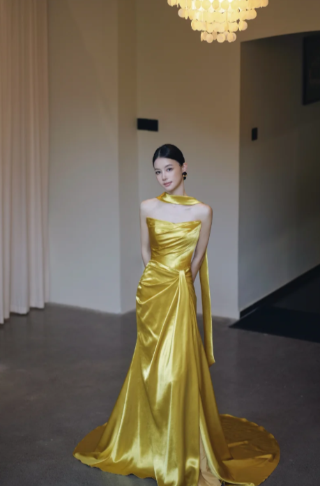 Yellow Mermaid Strapless Satin Long Prom Dress, Evening Dress C8116