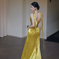 Robe de bal longue bustier en satin jaune sirène, robe de soirée C8116