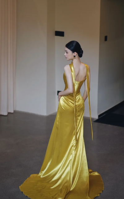 Robe de bal longue bustier en satin jaune sirène, robe de soirée C8116