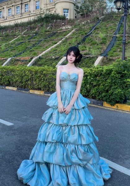 Princess Ball Gown Strapless Tiered Satin Long Prom Dress, Evening Dress C8117