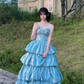 Princess Ball Gown Strapless Tiered Satin Long Prom Dress, Evening Dress C8117