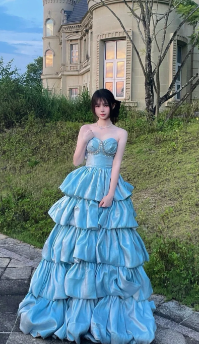 Princess Ball Gown Strapless Tiered Satin Long Prom Dress, Evening Dress C8117
