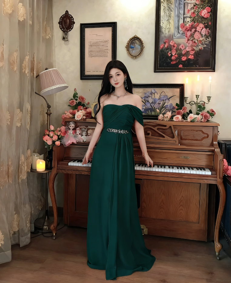 Sweet One Shoulder Pleated Prom Dress Long Beaded Evening Dress C8118