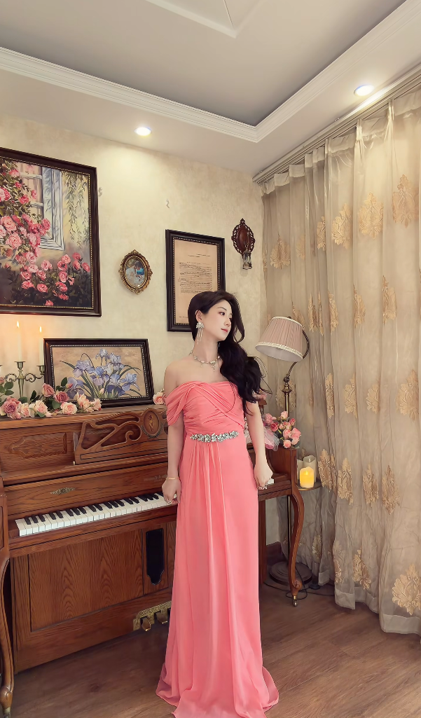 Sweet One Shoulder Pleated Prom Dress Long Beaded Evening Dress C8118