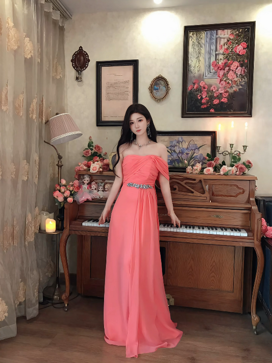Sweet One Shoulder Pleated Prom Dress Long Beaded Evening Dress C8118