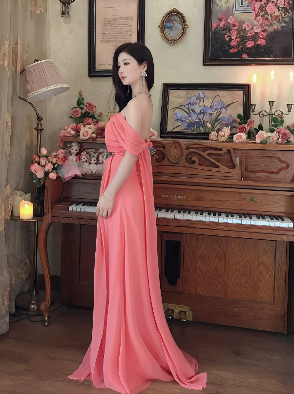 Sweet One Shoulder Pleated Prom Dress Long Beaded Evening Dress C8118