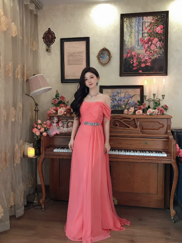 Sweet One Shoulder Pleated Prom Dress Long Beaded Evening Dress C8118