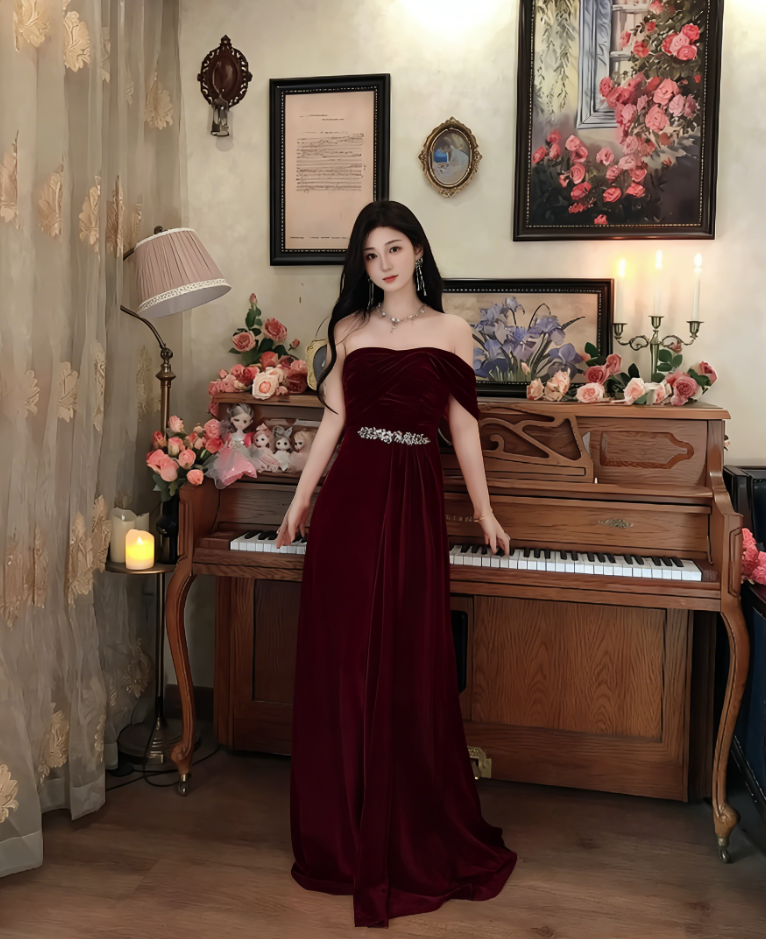 Sweet One Shoulder Pleated Prom Dress Long Beaded Evening Dress C8118