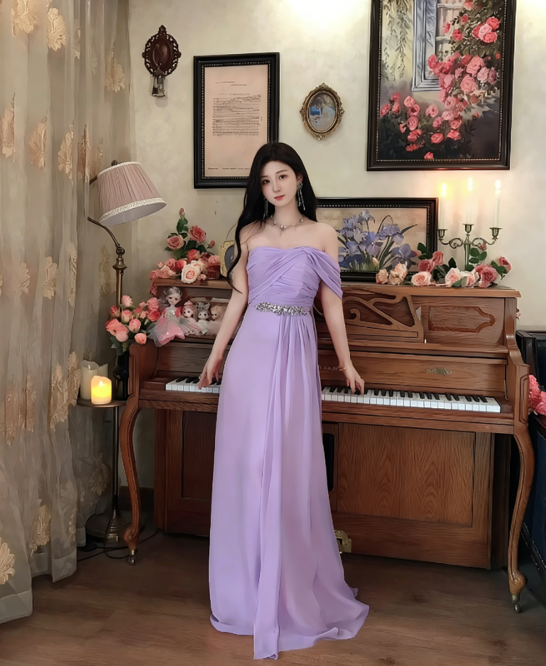 Sweet One Shoulder Pleated Prom Dress Long Beaded Evening Dress C8118