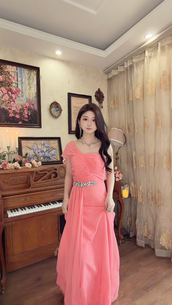 Sweet One Shoulder Pleated Prom Dress Long Beaded Evening Dress C8118
