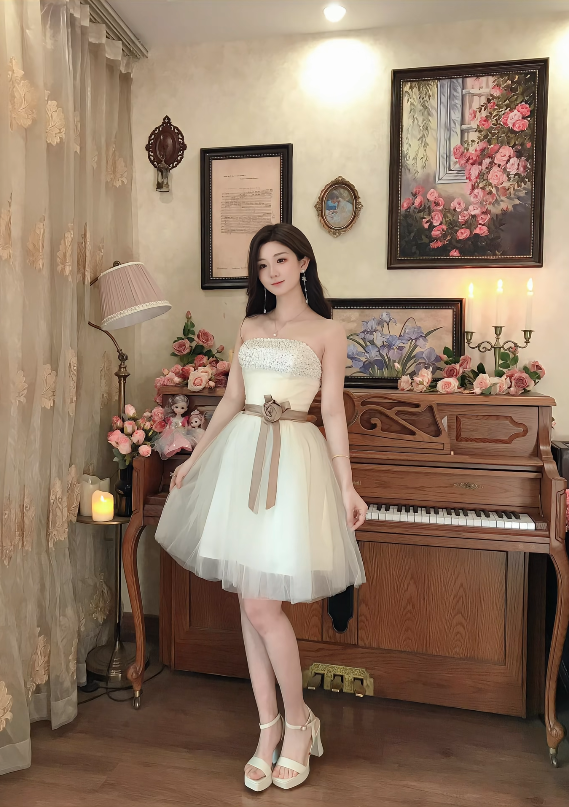 Charming Strapless A-Line Ivory Mini Homecoming Dress Sequins Tulle Short Birthday Dress C8120
