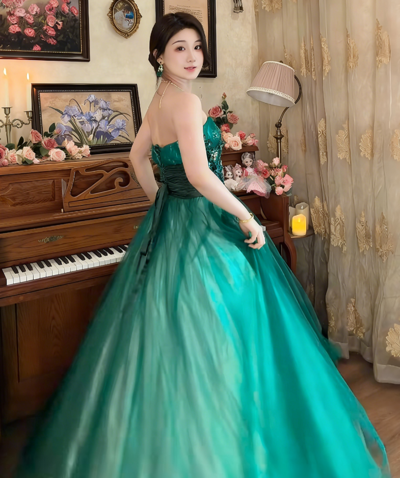 Elegant Strapless Green Prom Dress Long Beads Appliques A-Line Evening Dress C8121