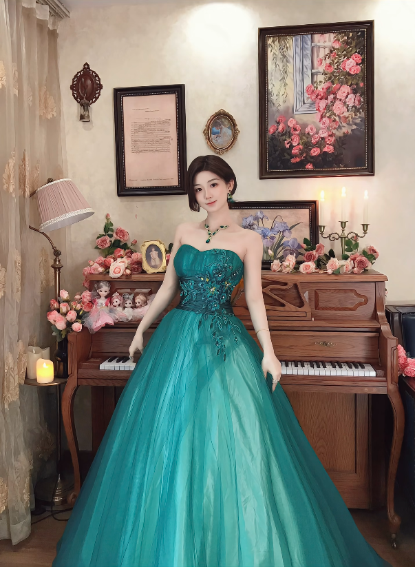 Elegant Strapless Green Prom Dress Long Beads Appliques A-Line Evening Dress C8121