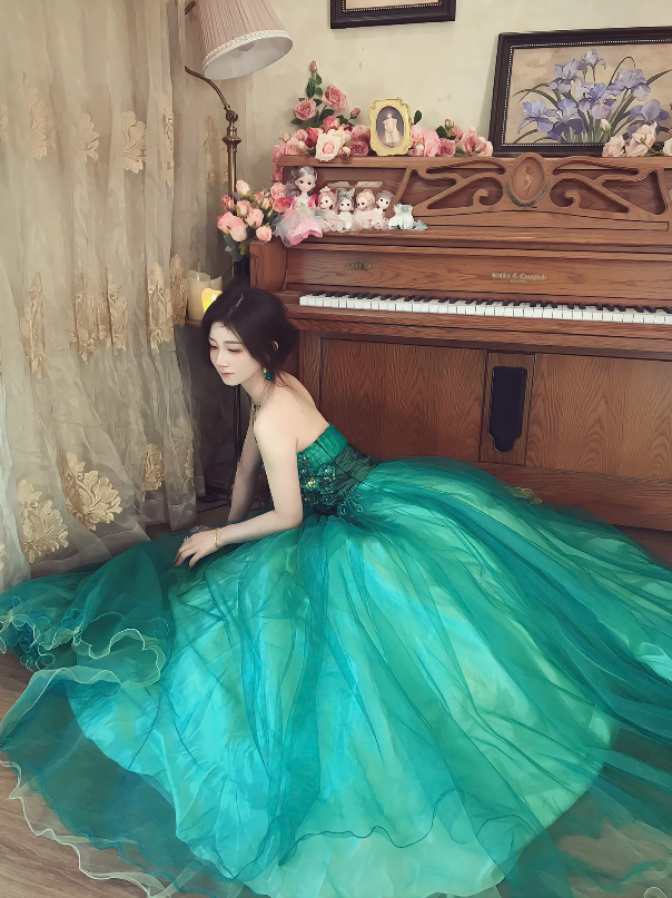 Elegant Strapless Green Prom Dress Long Beads Appliques A-Line Evening Dress C8121
