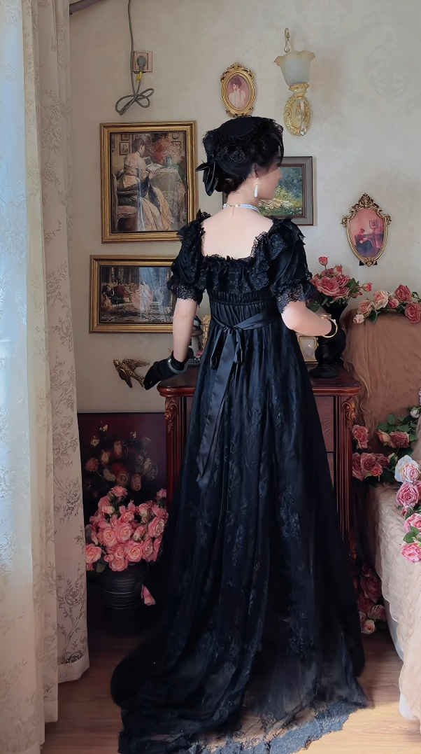 Ornate Short Sleeve Black Prom Dress Lace A-Line Long Evening Dress C8124