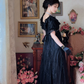 Ornate Short Sleeve Black Prom Dress Lace A-Line Long Evening Dress C8124