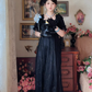 Ornate Short Sleeve Black Prom Dress Lace A-Line Long Evening Dress C8124