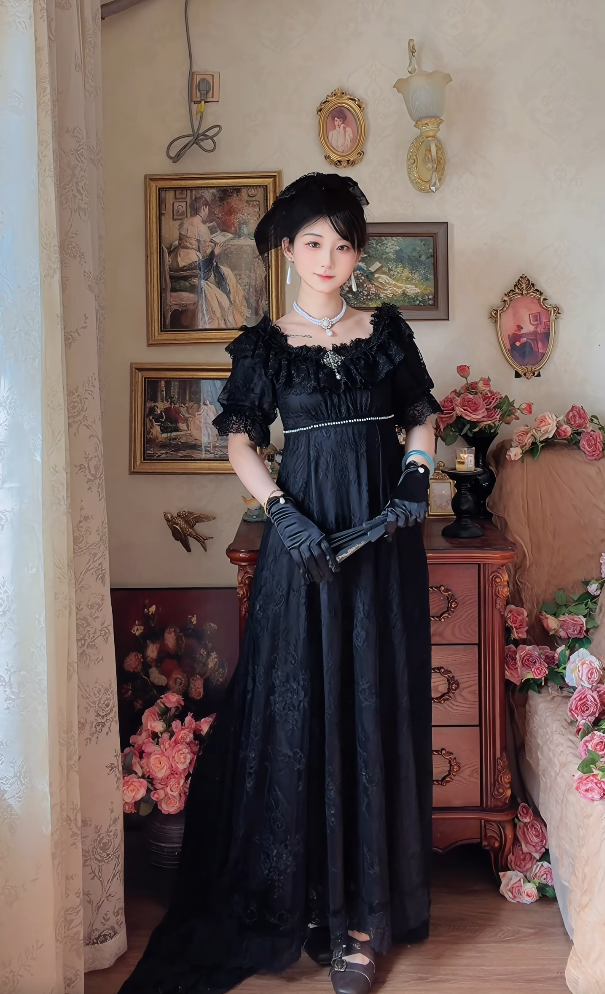 Ornate Short Sleeve Black Prom Dress Lace A-Line Long Evening Dress C8124