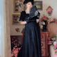 Ornate Short Sleeve Black Prom Dress Lace A-Line Long Evening Dress C8124