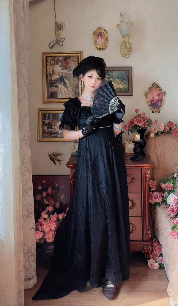 Ornate Short Sleeve Black Prom Dress Lace A-Line Long Evening Dress C8124