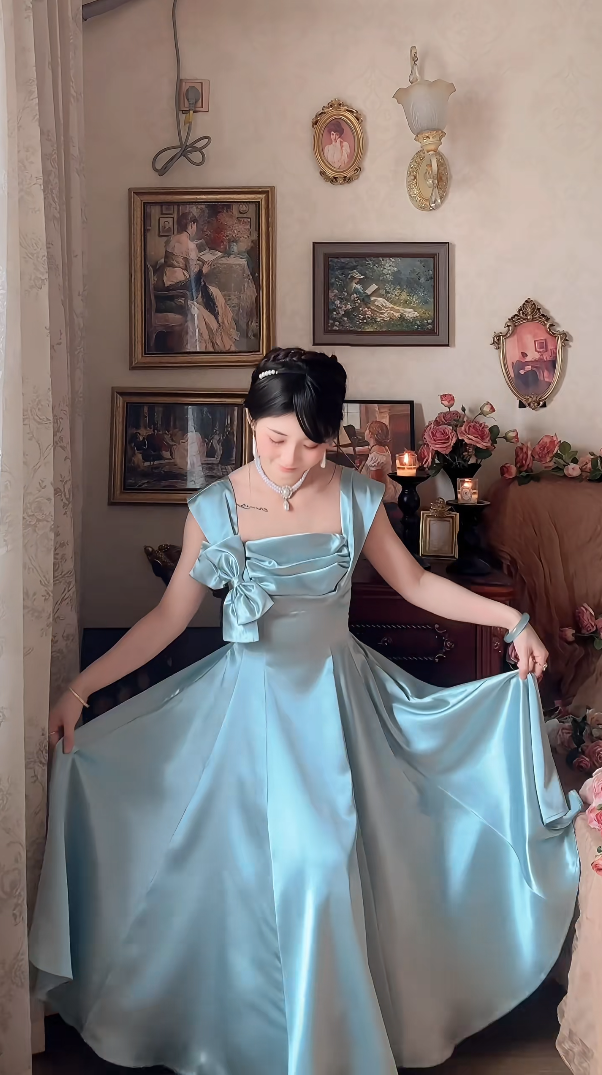 Robe de bal de princesse bustier à volants en satin long, robe de soirée C8117