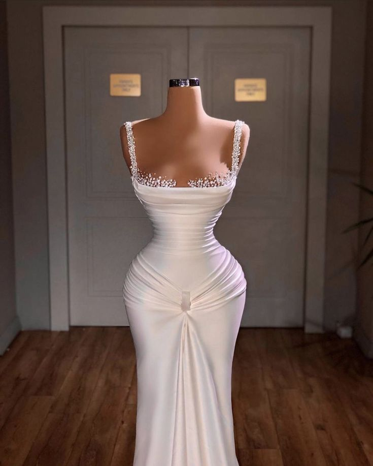 Chic Mermaid Straps White Long Satin Wedding Dresses C812