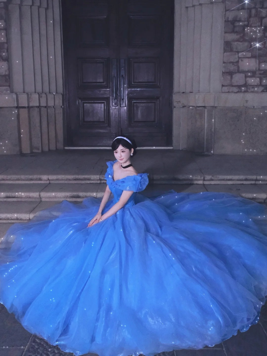 Dreamy Off-the-Shoulder Blue Ball Gown Sequins Tulle Sweet 16 Dresses C8138