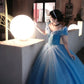 Dreamy Off-the-Shoulder Blue Ball Gown Sequins Tulle Sweet 16 Dresses C8138