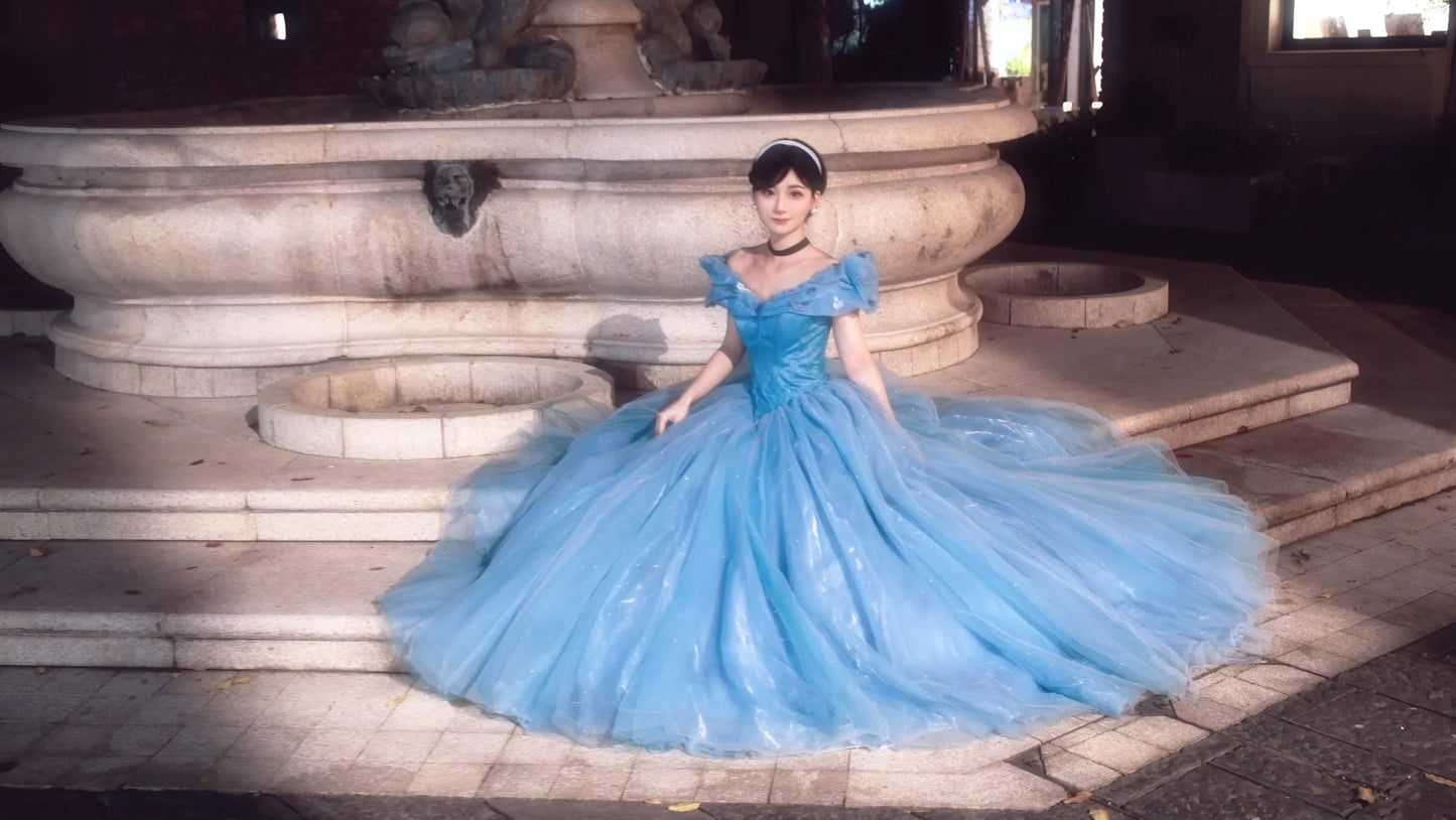 Dreamy Off-the-Shoulder Blue Ball Gown Sequins Tulle Sweet 16 Dresses C8138