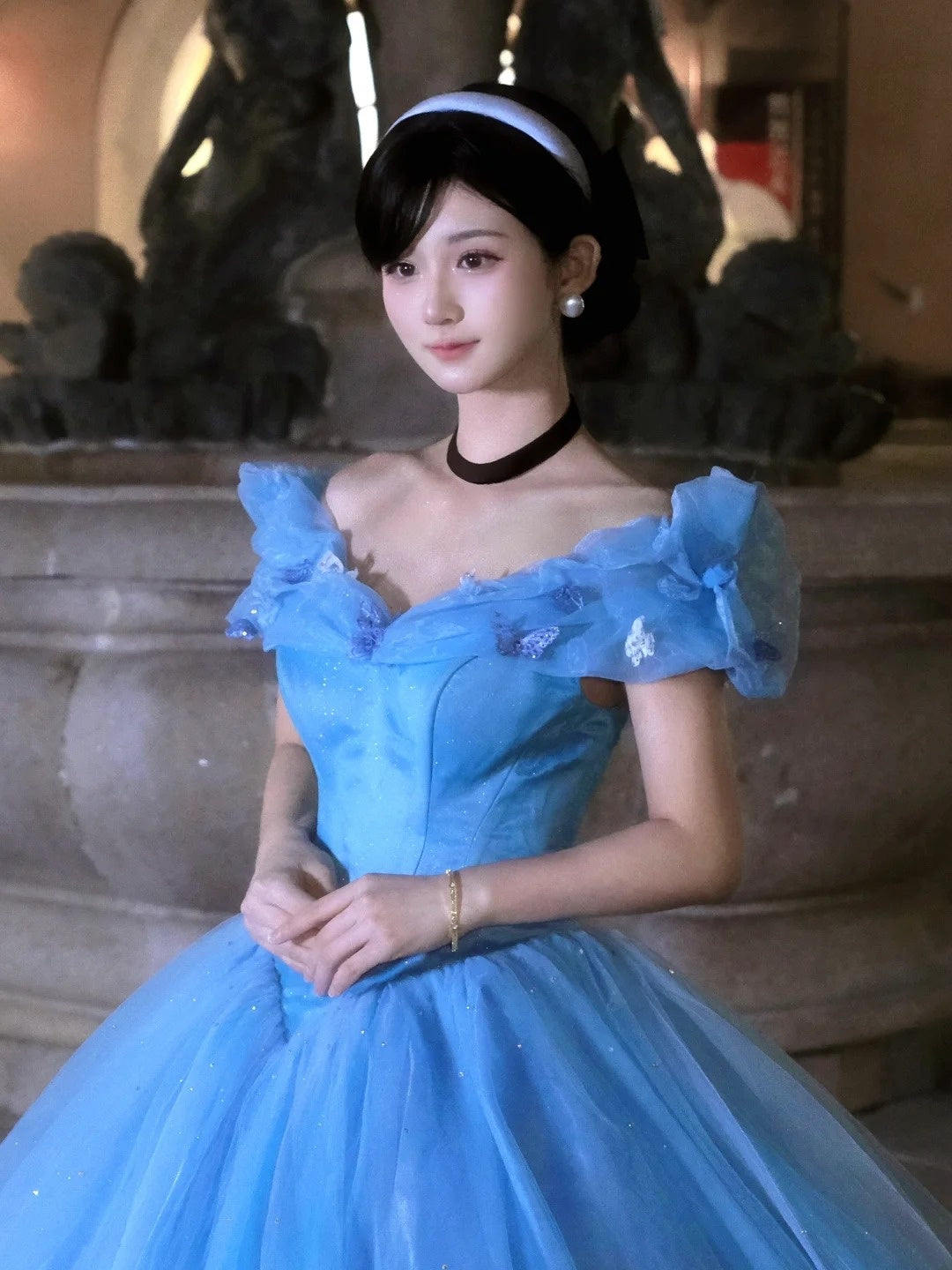 Dreamy Off-the-Shoulder Blue Ball Gown Sequins Tulle Sweet 16 Dresses C8138