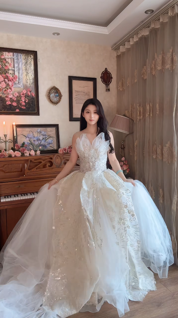 Superbe robe de mariée longue en tulle à sequins et décolleté en cœur C4041