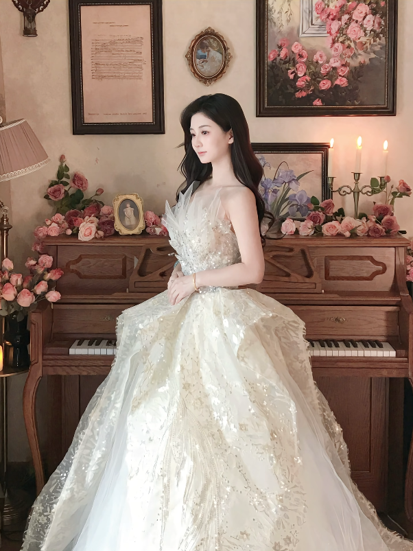 Superbe robe de mariée longue en tulle à sequins et décolleté en cœur C4041