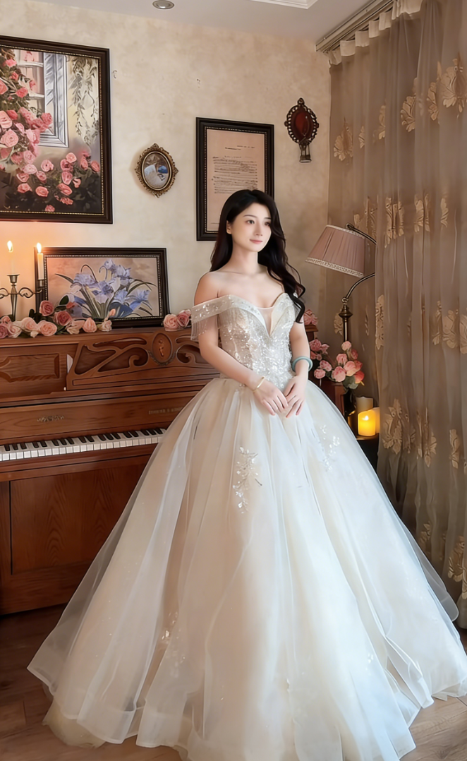 Superbe robe de mariée longue en tulle à sequins et décolleté en cœur C4041