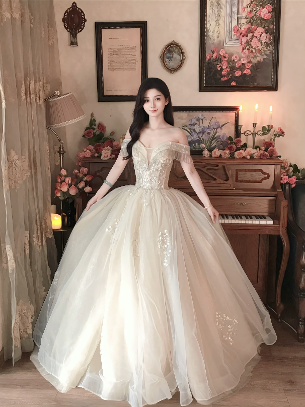 Superbe robe de mariée longue en tulle à sequins et décolleté en cœur C4041