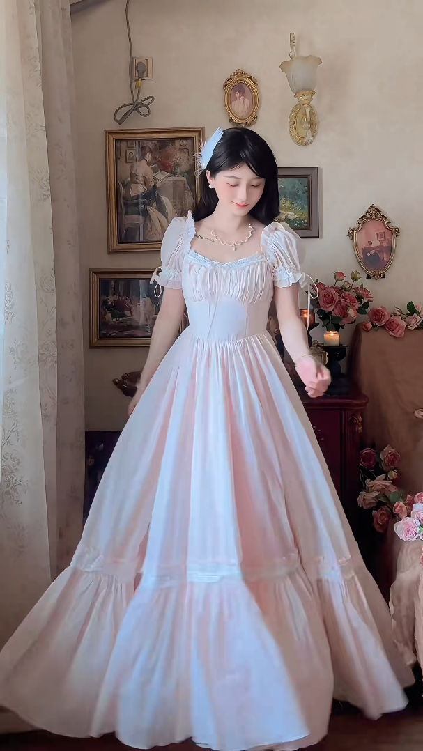 Adorable Short Sleeve Light Pink Prom Dress Lace Bows A-Line Evening Dress C8148