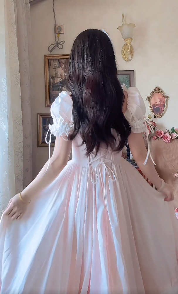 Adorable Short Sleeve Light Pink Prom Dress Lace Bows A-Line Evening Dress C8148