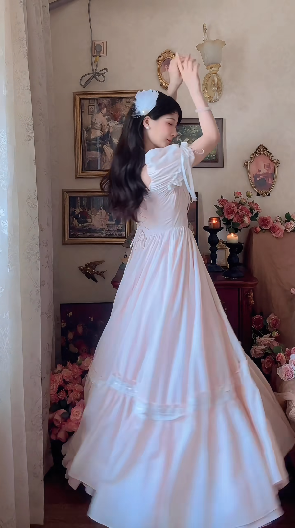 Adorable Short Sleeve Light Pink Prom Dress Lace Bows A-Line Evening Dress C8148