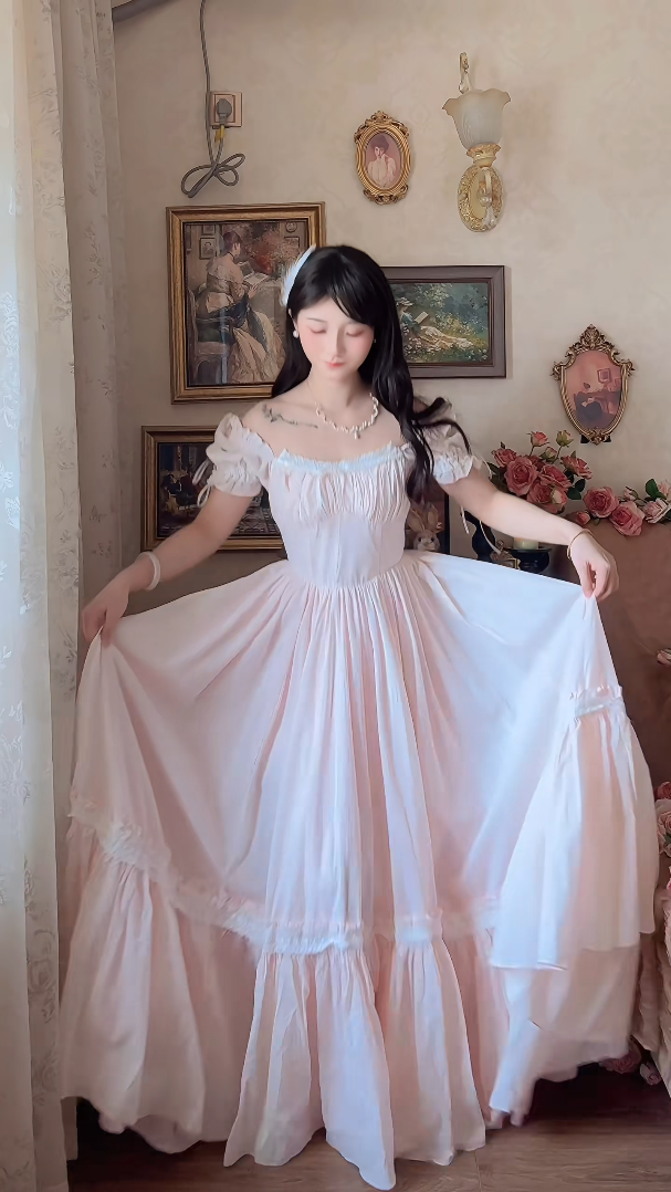 Adorable Short Sleeve Light Pink Prom Dress Lace Bows A-Line Evening Dress C8148
