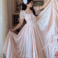 Adorable Short Sleeve Light Pink Prom Dress Lace Bows A-Line Evening Dress C8148