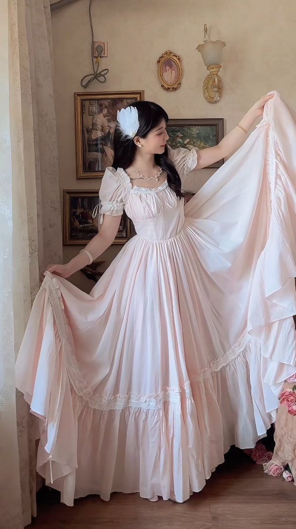 Adorable Short Sleeve Light Pink Prom Dress Lace Bows A-Line Evening Dress C8148