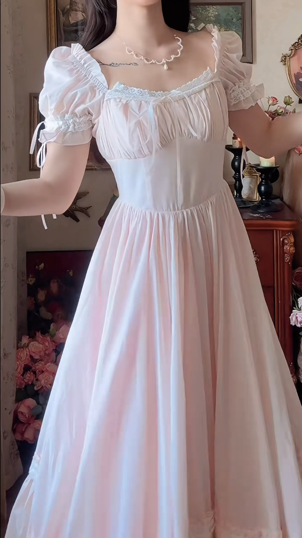 Adorable Short Sleeve Light Pink Prom Dress Lace Bows A-Line Evening Dress C8148