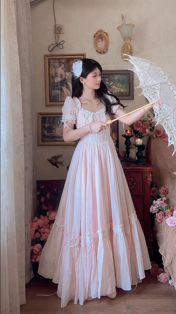 Adorable Short Sleeve Light Pink Prom Dress Lace Bows A-Line Evening Dress C8148