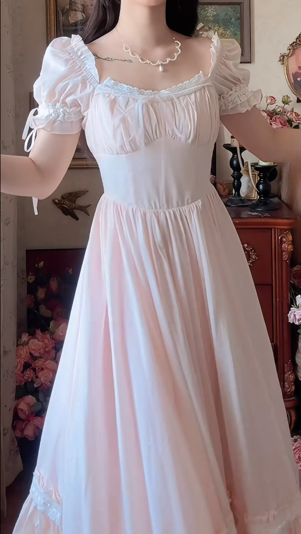 Adorable Short Sleeve Light Pink Prom Dress Lace Bows A-Line Evening Dress C8148