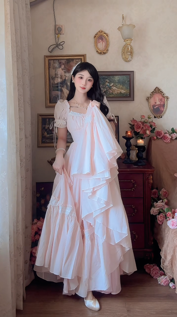 Adorable Short Sleeve Light Pink Prom Dress Lace Bows A-Line Evening Dress C8148