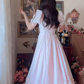 Adorable Short Sleeve Light Pink Prom Dress Lace Bows A-Line Evening Dress C8148
