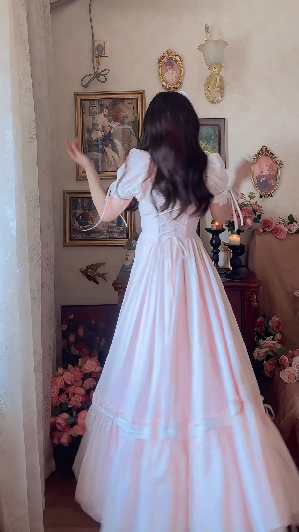 Adorable Short Sleeve Light Pink Prom Dress Lace Bows A-Line Evening Dress C8148