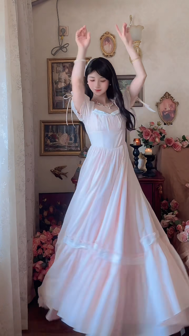 Adorable Short Sleeve Light Pink Prom Dress Lace Bows A-Line Evening Dress C8148