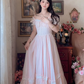 Adorable Short Sleeve Light Pink Prom Dress Lace Bows A-Line Evening Dress C8148