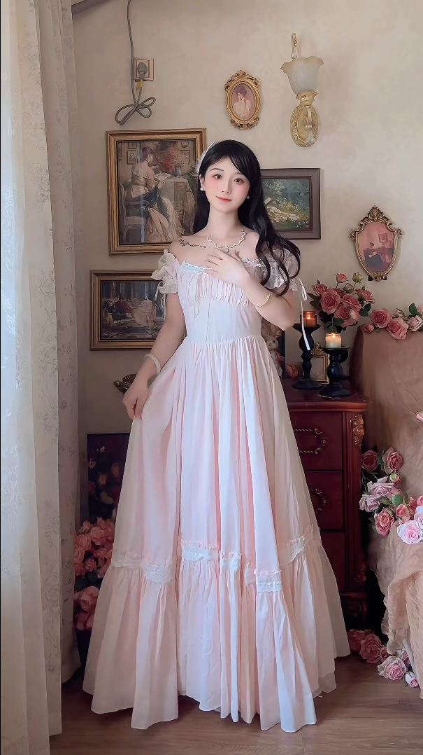 Adorable Short Sleeve Light Pink Prom Dress Lace Bows A-Line Evening Dress C8148